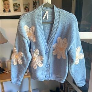 Dreamers Blue and White Cardigan with Vintage Floral Appliqué
